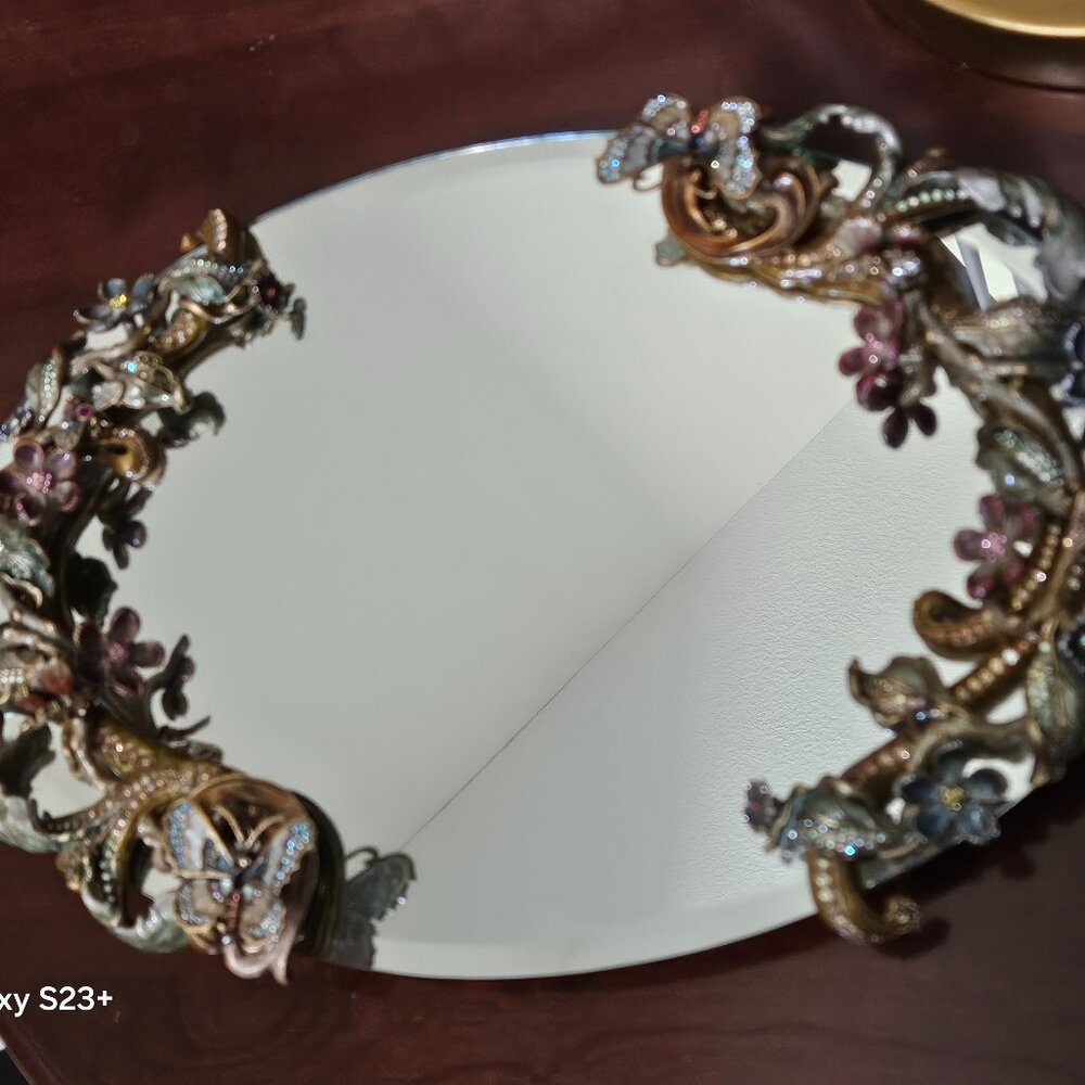 RARE JAY STRONGWATER FLORA & FAUNA CRYSTAL ENAMEL MIRROR VANITY BATH TRAY OBJET